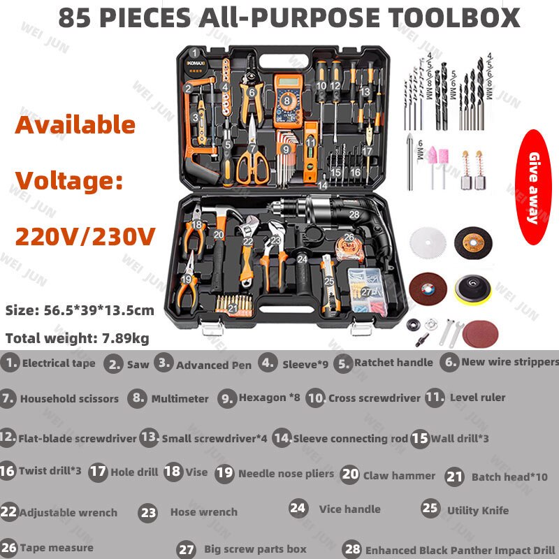Home Improvement and Tools Set with Drill Tool Box Professional Hand Power Tools Set Electrician Complete Tool Kit Full Toolbox