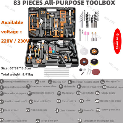 Home Improvement and Tools Set with Drill Tool Box Professional Hand Power Tools Set Electrician Complete Tool Kit Full Toolbox