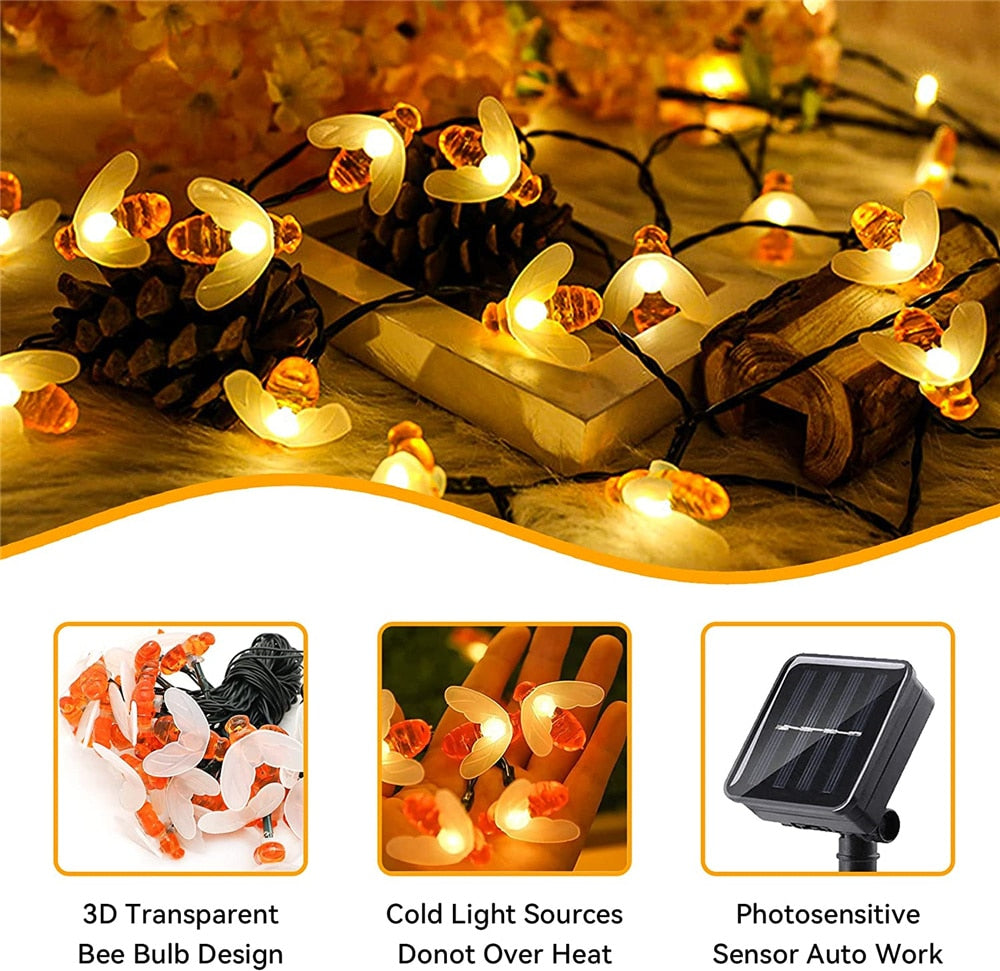 Solar String Light 20 LED Cute Bee Outdoor Light