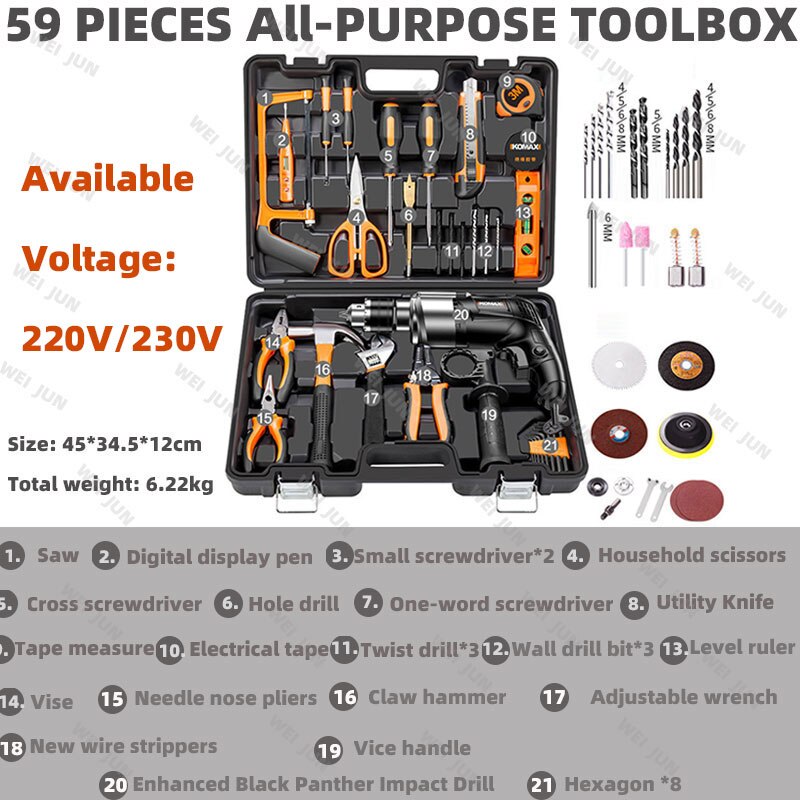 Home Improvement and Tools Set with Drill Tool Box Professional Hand Power Tools Set Electrician Complete Tool Kit Full Toolbox